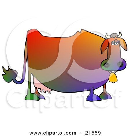 Clipart Illustration of a Depressed, Fat, Colorful Dairy Cow Wearing A Bell On Its Neck by djart