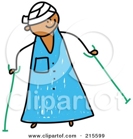 Royalty-Free (RF) Clipart Illustration of a Childs Sketch Of A Kid In A Hospital Gown, Head Bandage, Using Crutches by Prawny