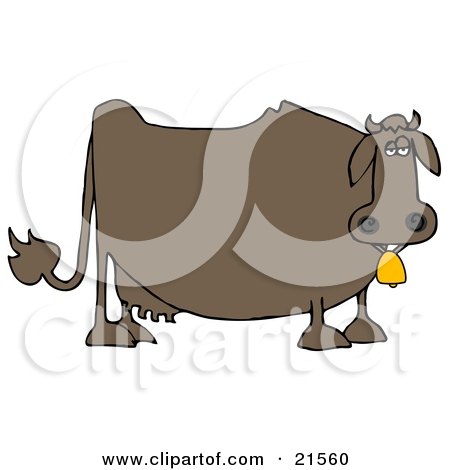 Clipart Illustration of a Depressed, Fat, Brown Dairy Cow Wearing A Golden Bell Around Its Neck by djart
