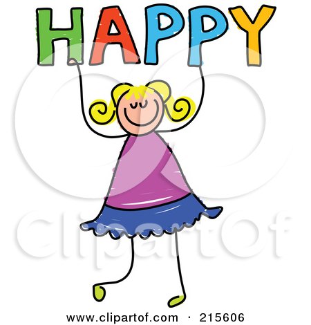Royalty-Free (RF) Clipart Illustration of a Childs Sketch Of A Girl Holding HAPPY by Prawny