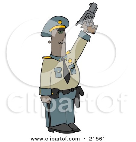 Clipart Illustration of an African American Police Officer Standing Tall And Pointing A Pistil Upwards While Shooting To Calm A Crowd by djart