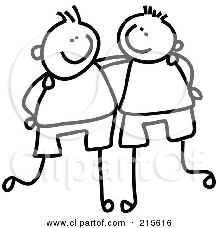 Royalty-Free (RF) Clipart Illustration of a Childs Sketch Of Black And White Boys With Their Arms Around Each Other by Prawny