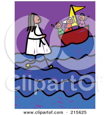 Royalty-Free (RF) Clipart Illustration of a Childs Sketch Of Jesus Walking On Water by Prawny
