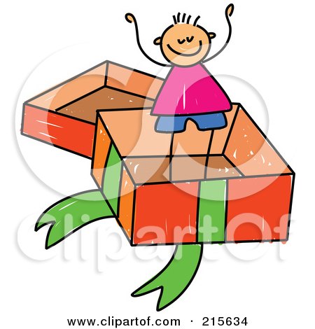 Royalty-Free (RF) Clipart Illustration of a Childs Sketch Of A Boy In A Big Gift Box by Prawny