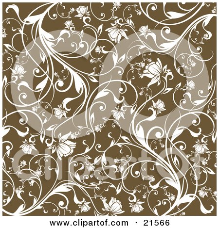 Clipart Illustration of a Floral Background Of White Vines And Blooming Flowers Over Brown by OnFocusMedia