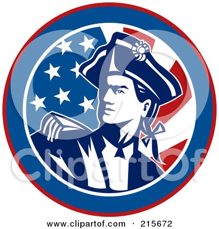 Royalty-Free (RF) Clipart Illustration of an American Revolutionary War Soldier Over A Flag Circle by patrimonio