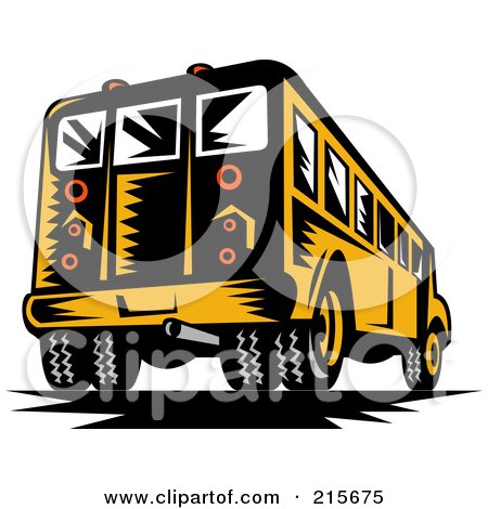 Royalty-Free (RF) Clipart Illustration of a Rear View Of A Woodcut School Bus by patrimonio