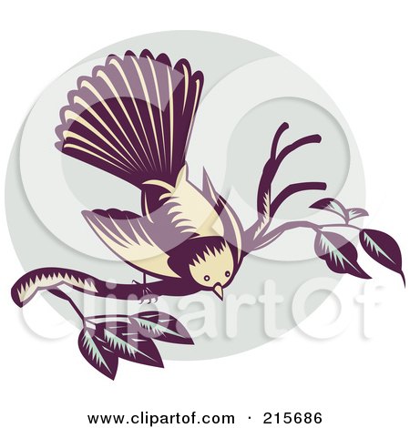 Royalty-Free (RF) Clipart Illustration of a Retro New Zealand Fantail Bird (Rhipidura Fuliginosa) On A Branch by patrimonio
