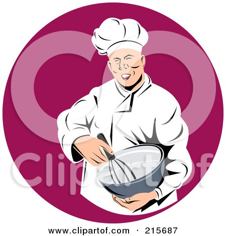Royalty-Free (RF) Clipart Illustration of a Retro Chef Mixing Ingredients Over A Red Circle by patrimonio