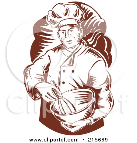 Royalty-Free (RF) Clipart Illustration of a Retro Woodcut Chef Mixing Ingredients by patrimonio