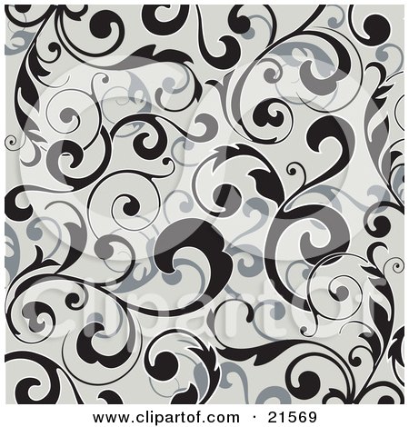 Clipart Illustration of Elegant Black And Gray Leafy Vines Scrolling Over A Gray Background by OnFocusMedia