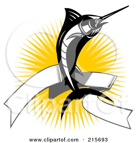 Royalty-Free (RF) Clipart Illustration of a Black And White Marlin Jumping Over A Blank Banner by patrimonio