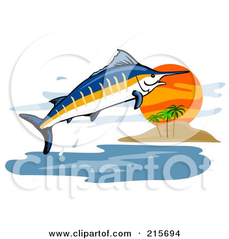 Royalty-Free (RF) Clipart Illustration of a Blue Marlin Fish Jumping Near An Island by patrimonio
