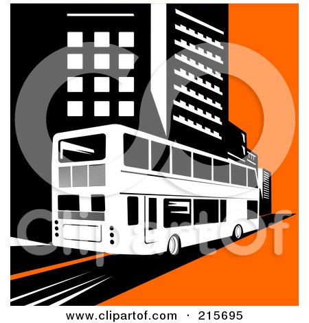 Royalty-Free (RF) Clipart Illustration of a Retro Double Decker Bus Driving Through A City by patrimonio