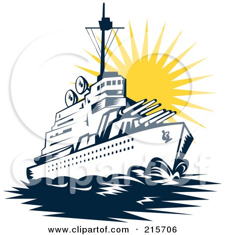 Royalty-Free (RF) Clipart Illustration of a Retro Battleship At Sunset by patrimonio