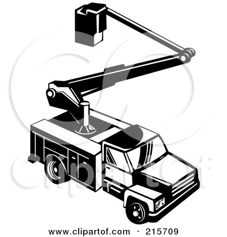 Royalty-Free (RF) Clipart Illustration of a Retro Black And White Bucket Utility Truck by patrimonio