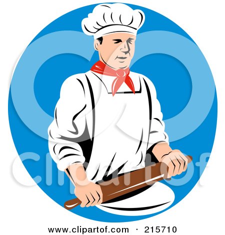 Royalty-Free (RF) Clipart Illustration of a Retro Chef Using A Rolling Pin Over A Blue Circle by patrimonio