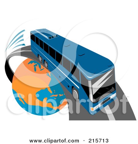 Royalty-Free (RF) Clipart Illustration of a Modern Blue Public Bus Driving Around A Globe - 1 by patrimonio
