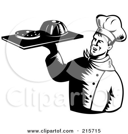 Royalty-Free (RF) Clipart Illustration of a Retro Black And White Chef Serving Cakes by patrimonio