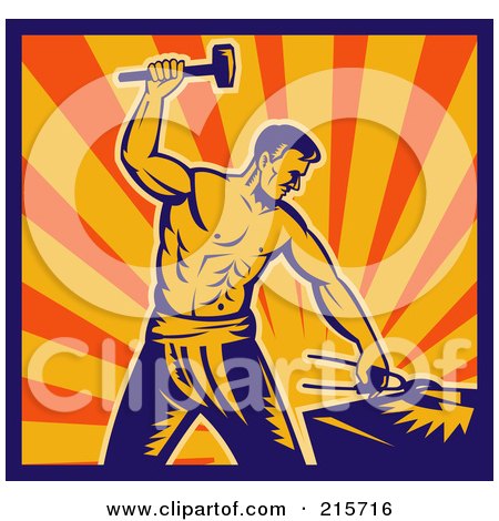 Royalty-Free (RF) Clipart Illustration of a Retro Blacksmith Man Hammering by patrimonio