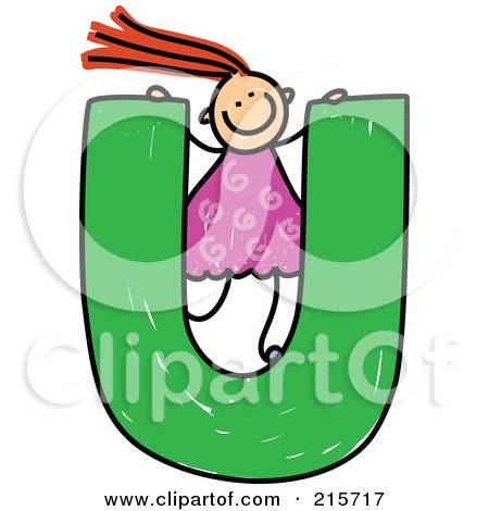 Royalty-Free (RF) Clipart Illustration of a Childs Sketch Of A Girl On Top Of A Capital Letter U by Prawny