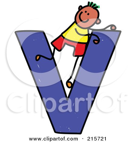 Royalty-Free (RF) Clipart Illustration of a Childs Sketch Of A Boy On Top Of A Capital Letter V by Prawny