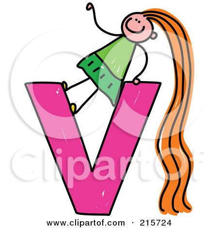 Royalty-Free (RF) Clipart Illustration of a Childs Sketch Of A Girl On Top Of A Lowercase Letter V by Prawny
