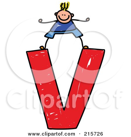 Royalty-Free (RF) Clipart Illustration of a Childs Sketch Of A Boy On Top Of A Lowercase Letter V by Prawny