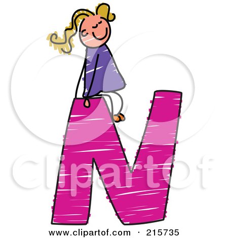 Royalty-Free (RF) Clipart Illustration of a Childs Sketch Of A Girl On Top Of A Capital Letter N by Prawny
