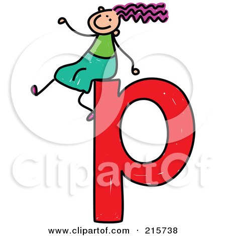 Royalty-Free (RF) Clipart Illustration of a Childs Sketch Of A Girl On Top Of A Lowercase Letter P by Prawny