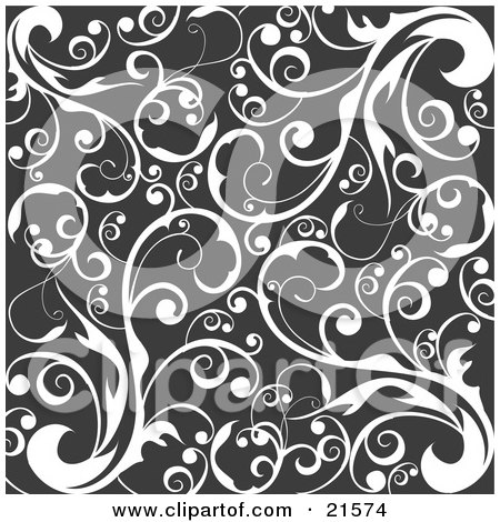 Clipart Illustration of a Scroll Background Of Curling White Vines Over Black by OnFocusMedia