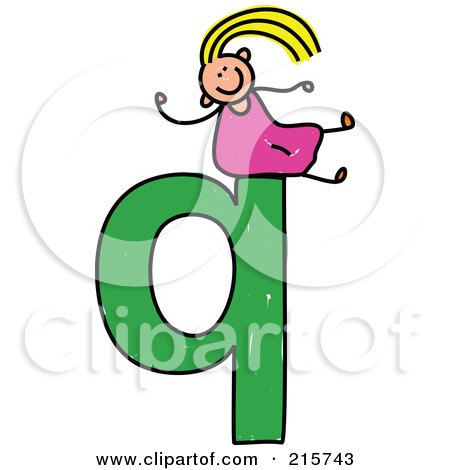 Royalty-Free (RF) Clipart Illustration of a Childs Sketch Of A Girl On Top Of A Lowercase Letter Q by Prawny