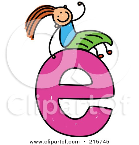 Royalty-Free (RF) Clipart Illustration of a Childs Sketch Of A Girl On Top Of A Lowercase Letter E by Prawny