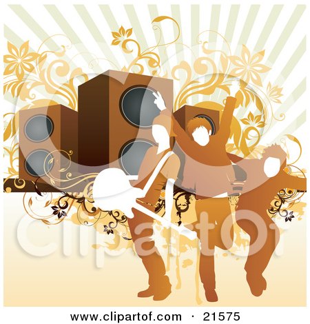 Clipart Illustration of Three Rock Band Guys With A Guitar, Posing On Stage In Front Of Giant Speakers On A Pale Orange Background With Floral Vines by OnFocusMedia