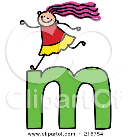 Royalty-Free (RF) Clipart Illustration of a Childs Sketch Of A Girl On Top Of A Lowercase Letter M by Prawny