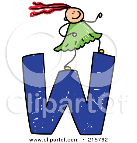 Royalty-Free (RF) Clipart Illustration of a Childs Sketch Of A Girl On Top Of A Capital Letter W by Prawny