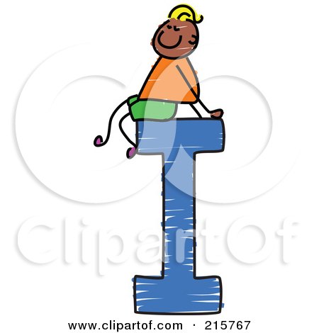 Royalty-Free (RF) Clipart Illustration of a Childs Sketch Of A Boy On Top Of A Capital Letter I by Prawny