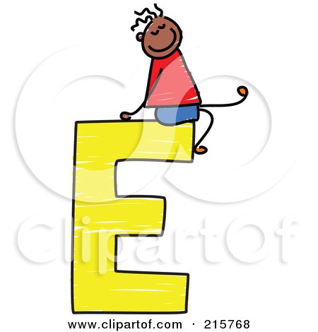 Royalty-Free (RF) Clipart Illustration of a Childs Sketch Of A Boy On Top Of A Capital Letter E by Prawny