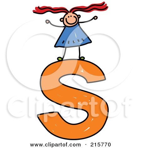 Royalty-Free (RF) Clipart Illustration of a Childs Sketch Of A Girl On Top Of A Lowercase Letter S by Prawny