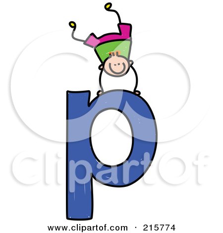 Royalty-Free (RF) Clipart Illustration of a Childs Sketch Of A Boy On Top Of A Lowercase Letter P by Prawny
