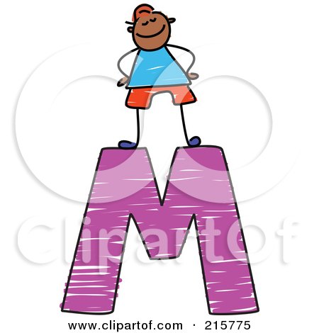 Royalty-Free (RF) Clipart Illustration of a Childs Sketch Of A Boy On Top Of A Capital Letter M by Prawny