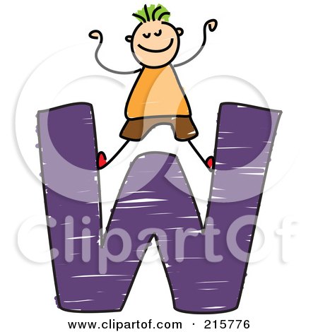 Royalty-Free (RF) Clipart Illustration of a Childs Sketch Of A Boy On Top Of A Capital Letter W by Prawny