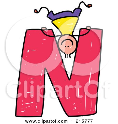 Royalty-Free (RF) Clipart Illustration of a Childs Sketch Of A Boy On Top Of A Capital Letter N by Prawny