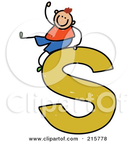 Royalty-Free (RF) Clipart Illustration of a Childs Sketch Of A Boy On Top Of A Lowercase Letter S by Prawny