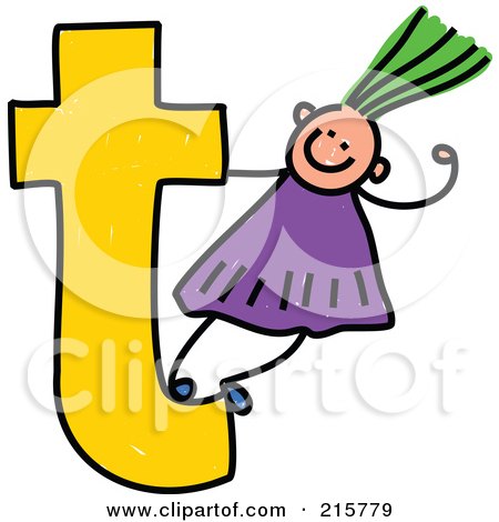 Royalty-Free (RF) Clipart Illustration of a Childs Sketch Of A Girl On Top Of A Lowercase Letter T by Prawny