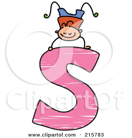 Royalty-Free (RF) Clipart Illustration of a Childs Sketch Of A Boy On Top Of A Capital Letter S by Prawny