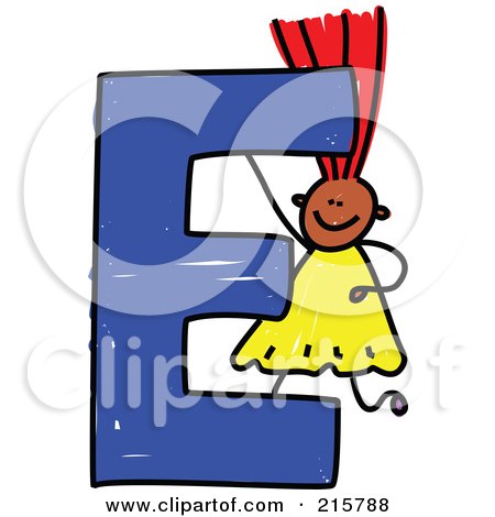 Royalty-Free (RF) Clipart Illustration of a Childs Sketch Of A Girl On Top Of A Capital Letter E by Prawny