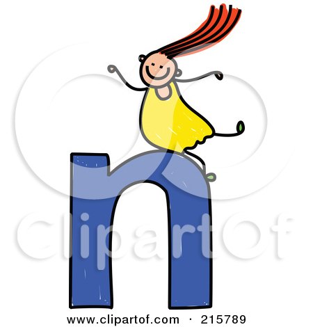 Royalty-Free (RF) Clipart Illustration of a Childs Sketch Of A Girl On Top Of A Lowercase Letter N by Prawny