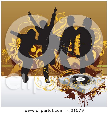 Clipart Illustration of Silhouetted Young Men Jumping And Playing Guitars While Playing At Band Practice Near A Vinly Record Player by OnFocusMedia