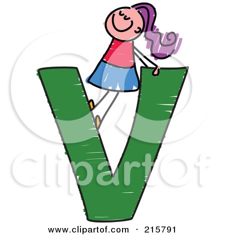 Royalty-Free (RF) Clipart Illustration of a Childs Sketch Of A Girl On Top Of A Capital Letter V by Prawny